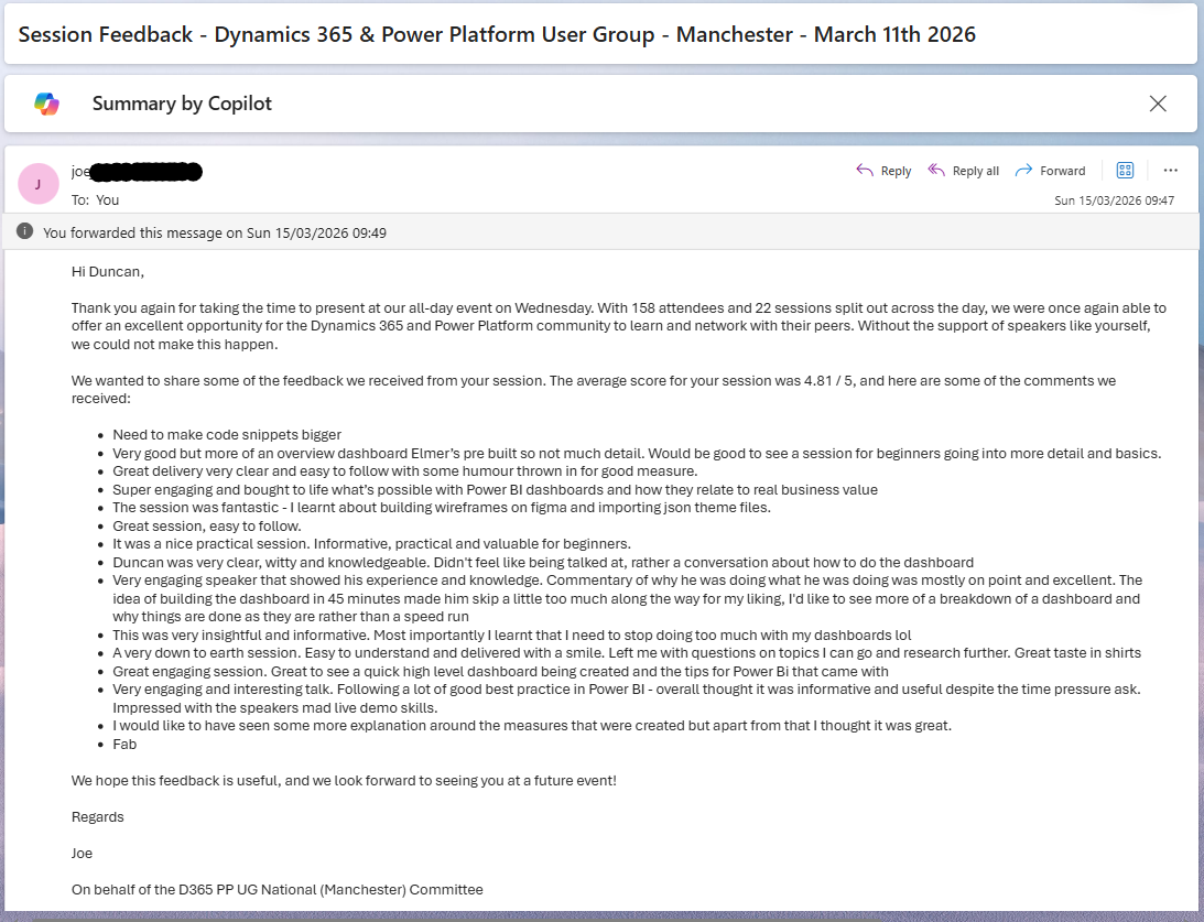 Speaker Feedback – D365 & Power Platform User Group Manchester